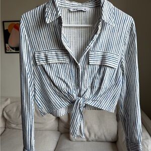 Zara Blue and White Striped Cropped Button Down Shirt
